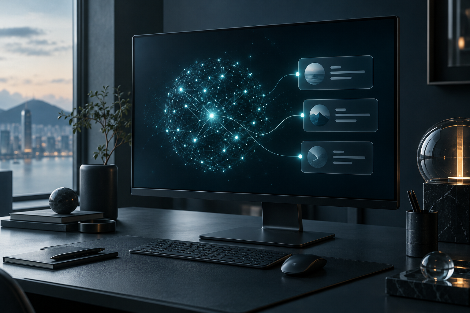 AI 知識網絡與回答內容連結的情境示意